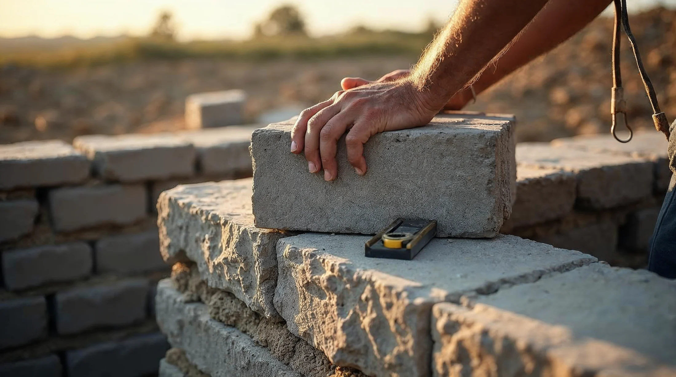 A cut cornerstone set square on the first course at dawn, a level beside it