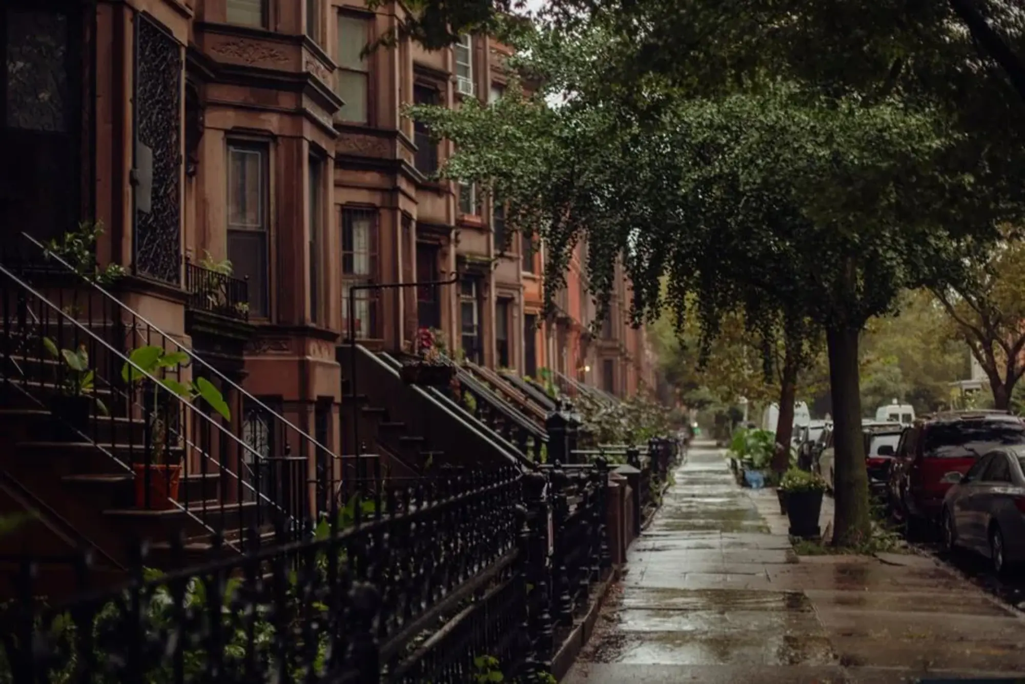 A row of identical brownstones, every stoop the same down the street