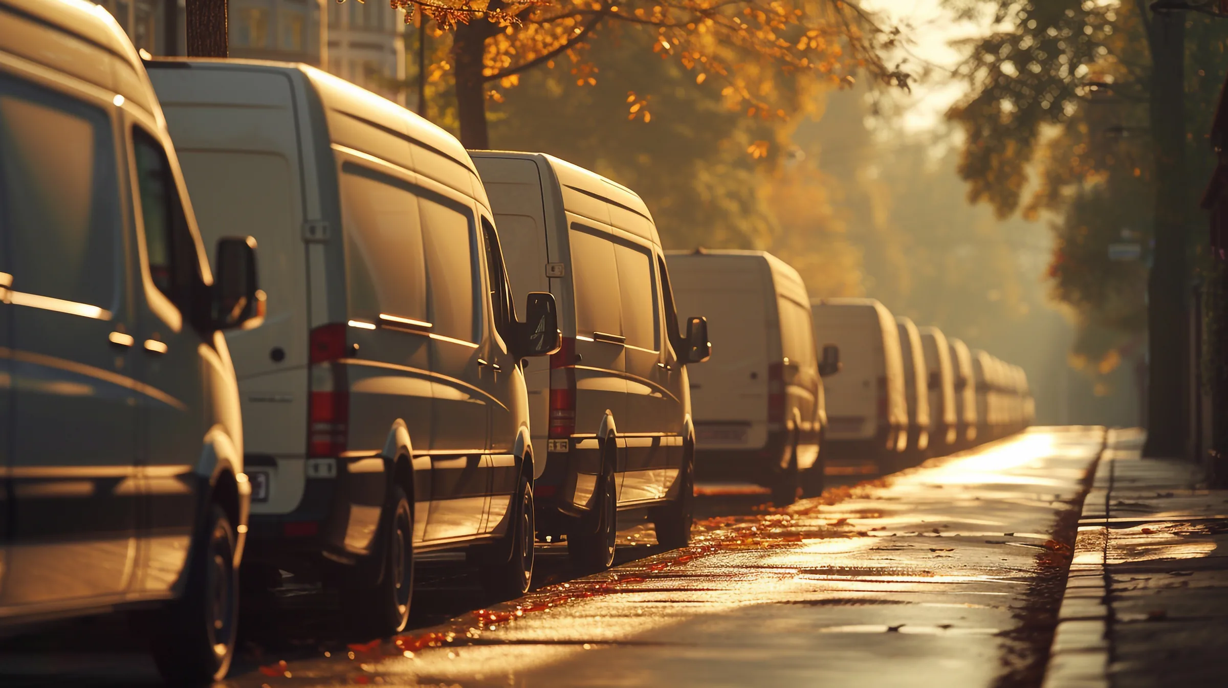 A row of identical white vans down a street at first light, nothing written on any of them